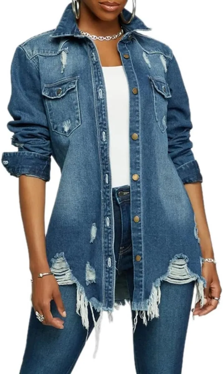 LaiyiVic Denim Jacket for Women Winter Long Sleeve Classic Distressed Butterfly Jean Trucker Jackets