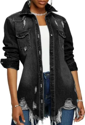 LaiyiVic Denim Jacket for Women Winter Long Sleeve Classic Distressed Butterfly Jean Trucker Jackets