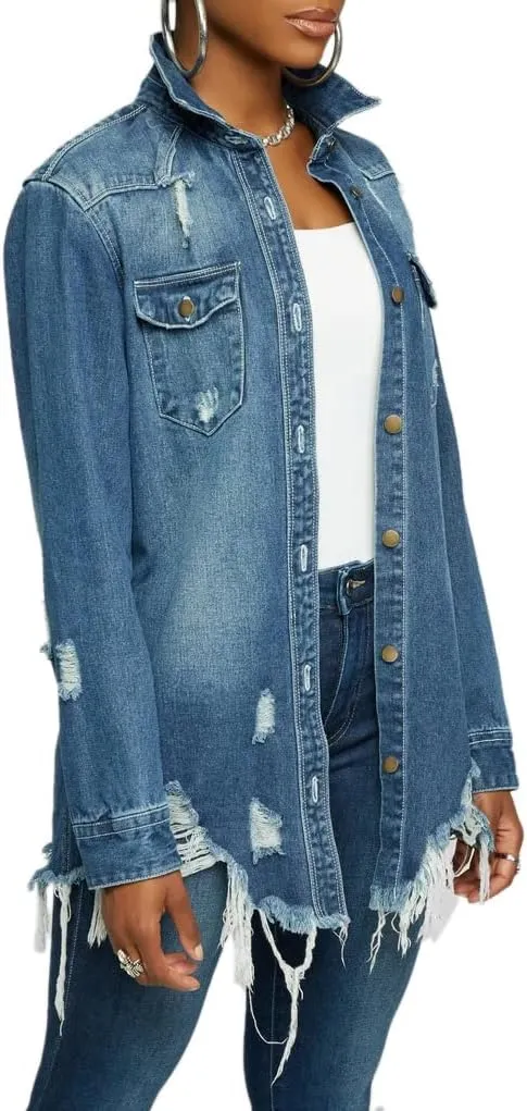 LaiyiVic Denim Jacket for Women Winter Long Sleeve Classic Distressed Butterfly Jean Trucker Jackets
