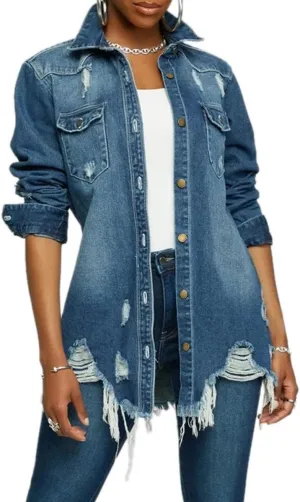 LaiyiVic Denim Jacket for Women Winter Long Sleeve Classic Distressed Butterfly Jean Trucker Jackets