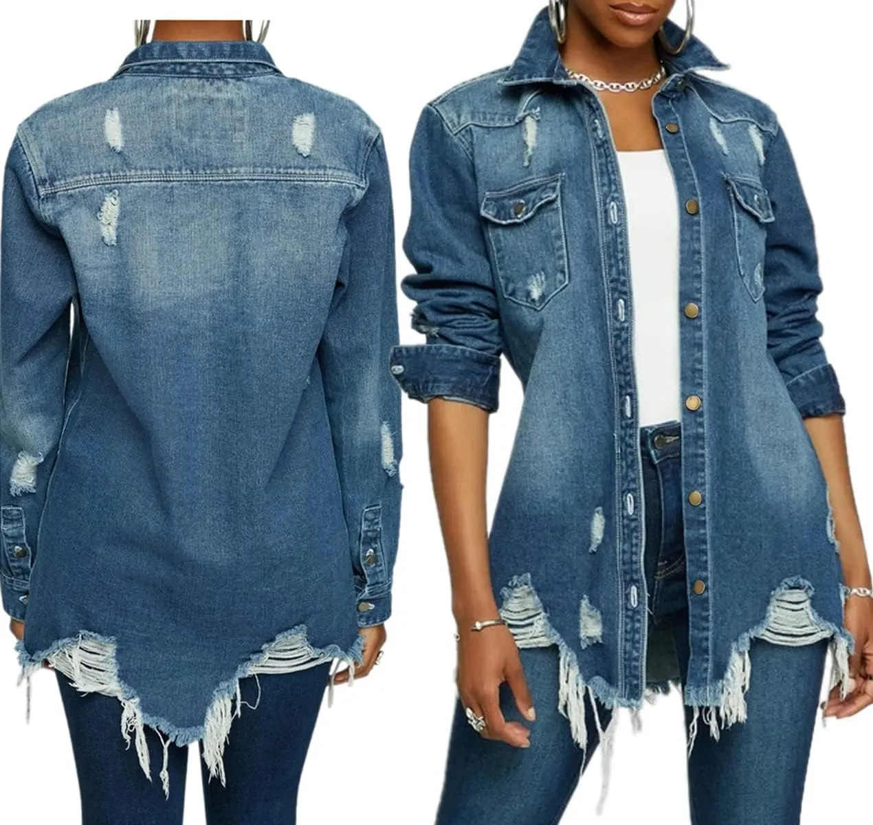 LaiyiVic Denim Jacket for Women Winter Long Sleeve Classic Distressed Butterfly Jean Trucker Jackets
