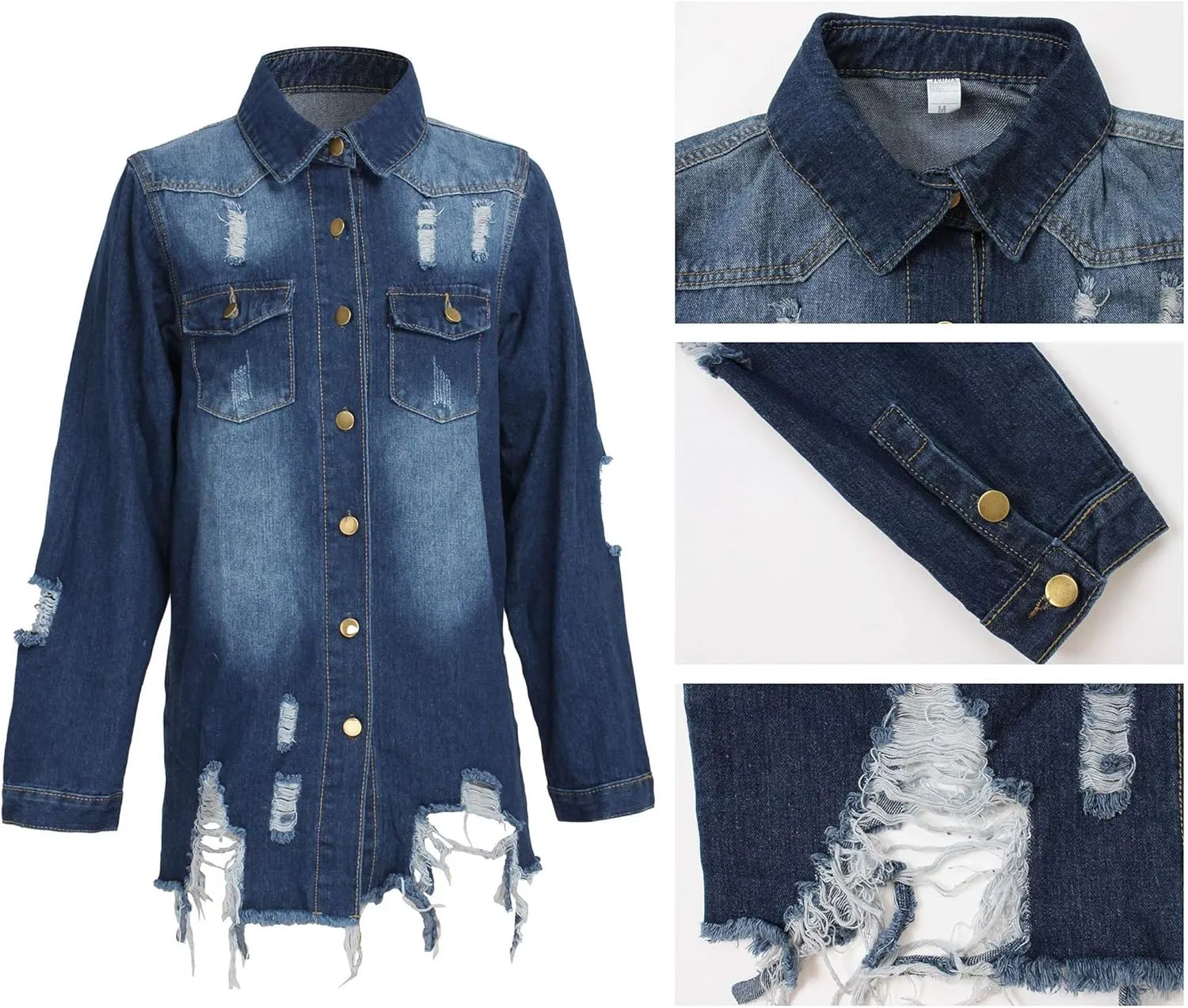 LaiyiVic Denim Jacket for Women Winter Long Sleeve Classic Distressed Butterfly Jean Trucker Jackets