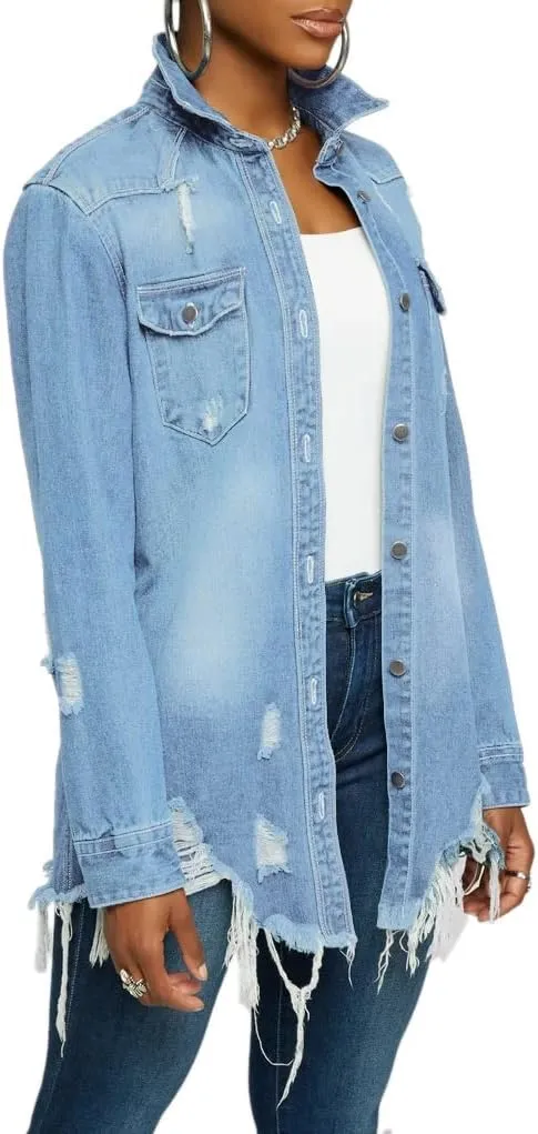 LaiyiVic Denim Jacket for Women Winter Long Sleeve Classic Distressed Butterfly Jean Trucker Jackets