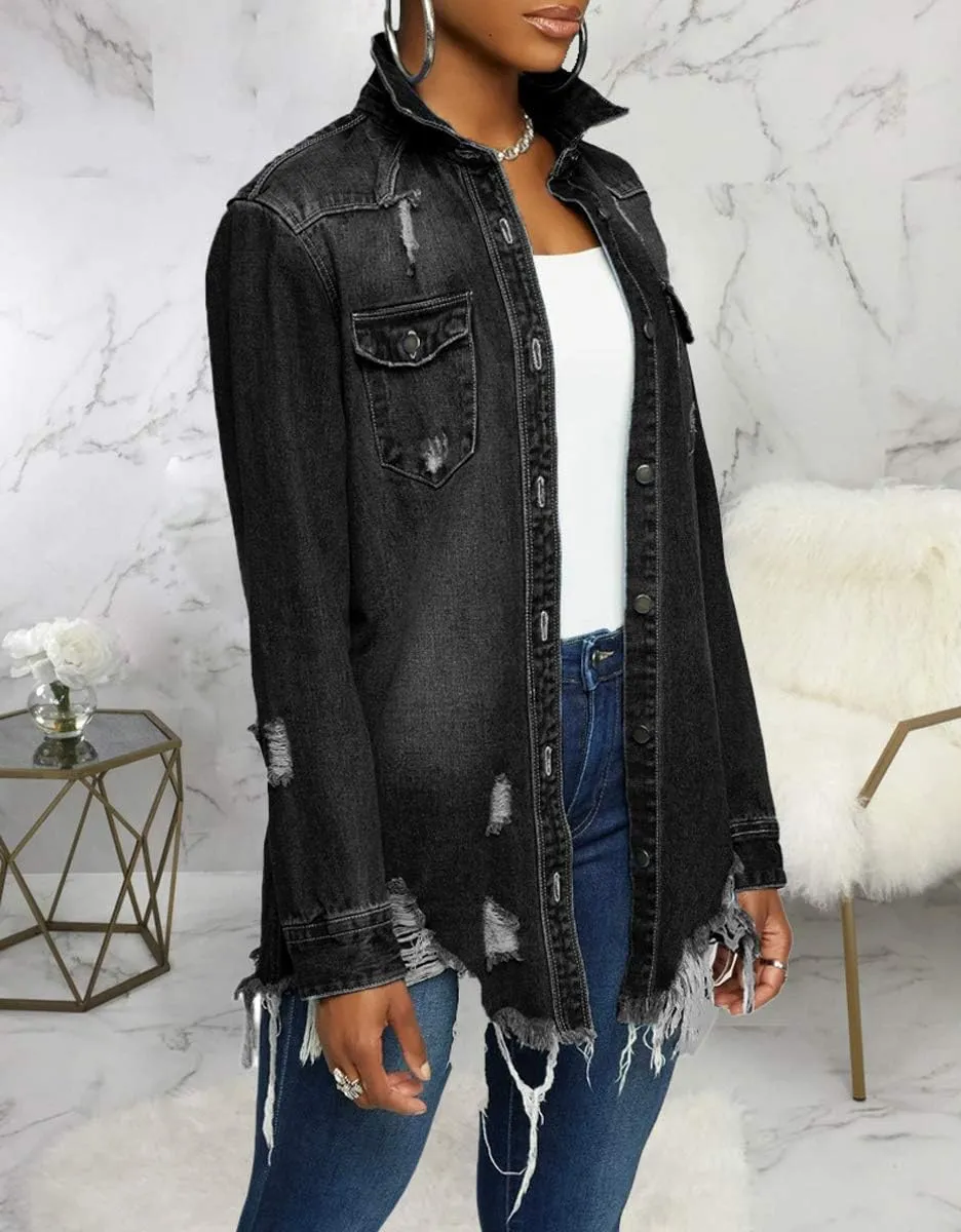 LaiyiVic Denim Jacket for Women Winter Long Sleeve Classic Distressed Butterfly Jean Trucker Jackets
