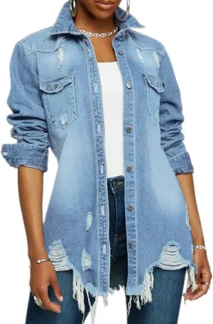 LaiyiVic Denim Jacket for Women Winter Long Sleeve Classic Distressed Butterfly Jean Trucker Jackets