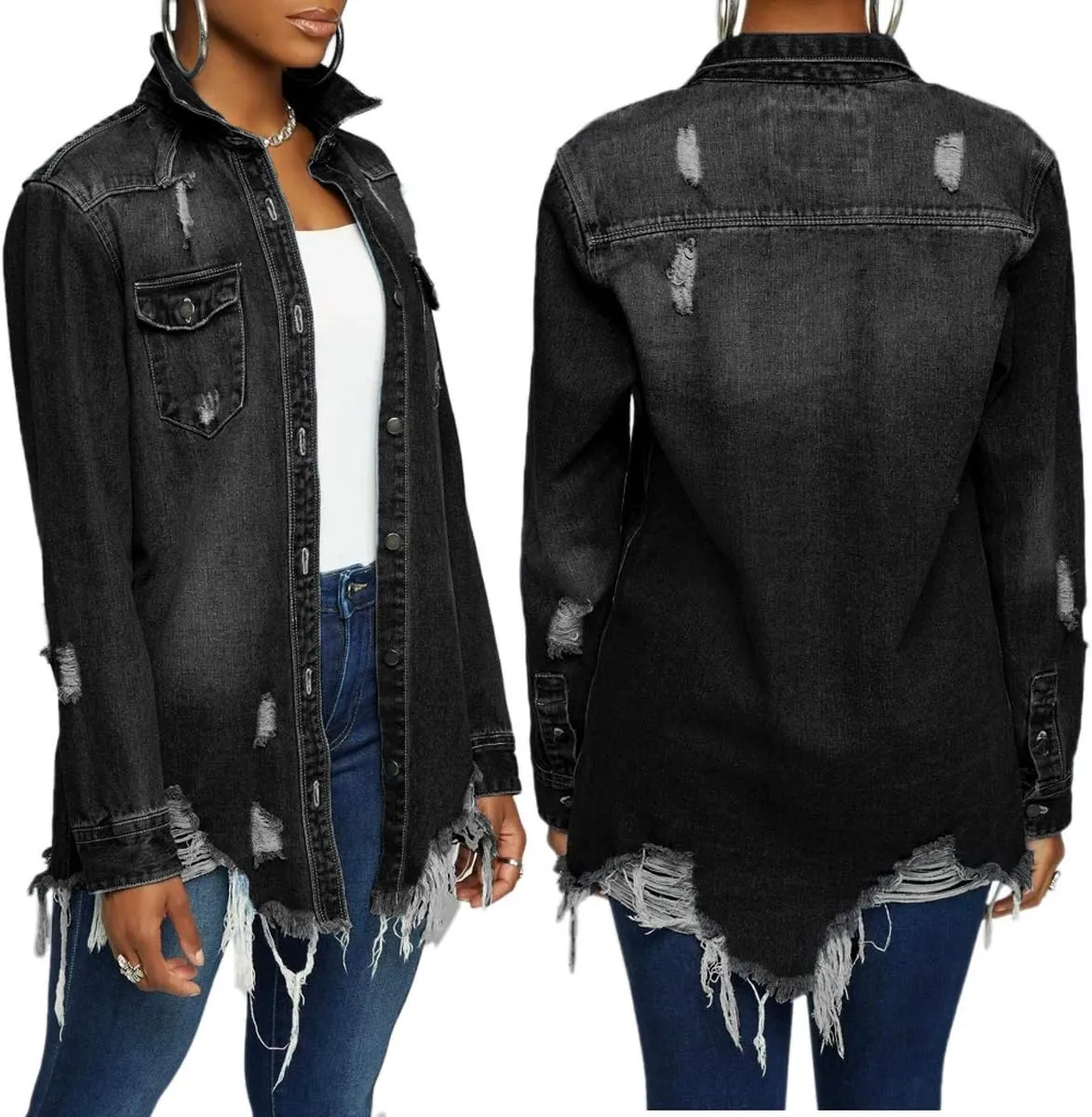LaiyiVic Denim Jacket for Women Winter Long Sleeve Classic Distressed Butterfly Jean Trucker Jackets
