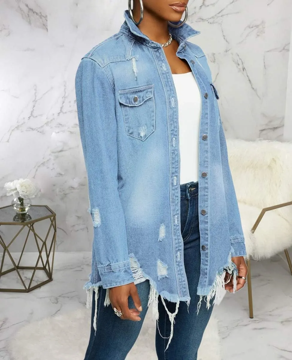 LaiyiVic Denim Jacket for Women Winter Long Sleeve Classic Distressed Butterfly Jean Trucker Jackets