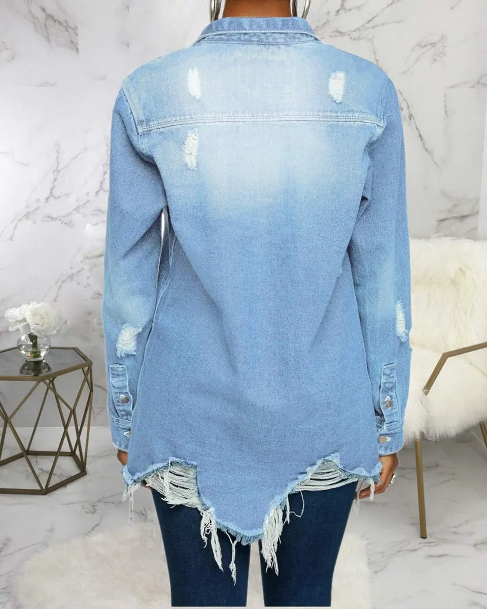 LaiyiVic Denim Jacket for Women Winter Long Sleeve Classic Distressed Butterfly Jean Trucker Jackets
