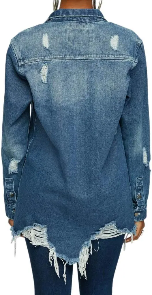 LaiyiVic Denim Jacket for Women Winter Long Sleeve Classic Distressed Butterfly Jean Trucker Jackets