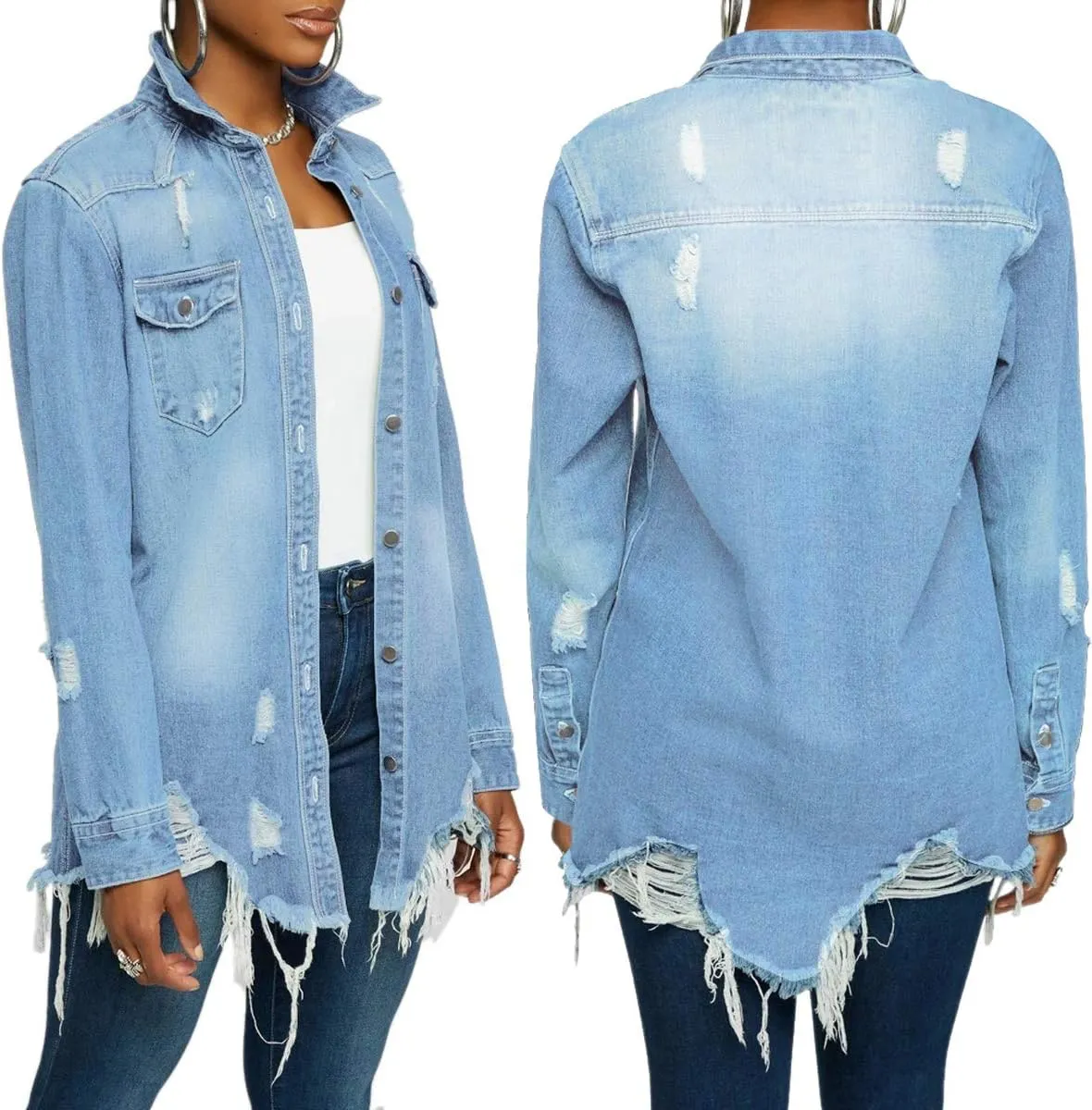 LaiyiVic Denim Jacket for Women Winter Long Sleeve Classic Distressed Butterfly Jean Trucker Jackets