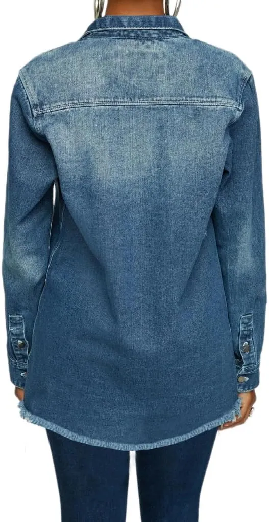 LaiyiVic Denim Jacket for Women Winter Long Sleeve Classic Distressed Butterfly Jean Trucker Jackets