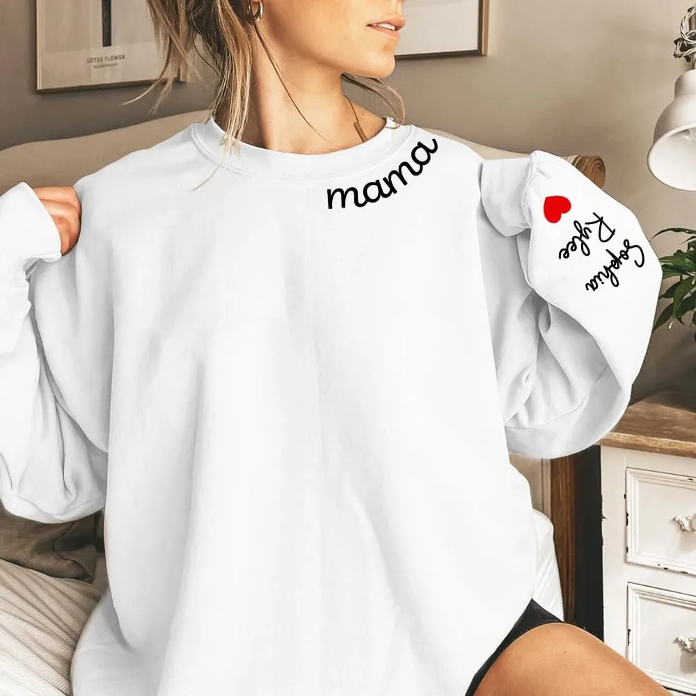 LASFOUR Personalized Mama Embroidered Sweatshirts for Women, Custom Mama Est 2024 Sweatshirt with Kids Names on Sleeve