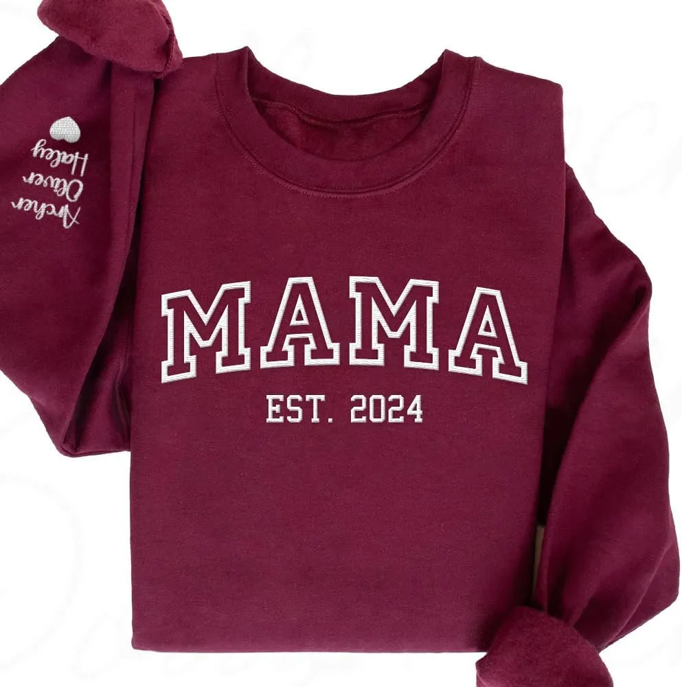 LASFOUR Personalized Mama Embroidered Sweatshirts for Women, Custom Mama Est 2024 Sweatshirt with Kids Names on Sleeve