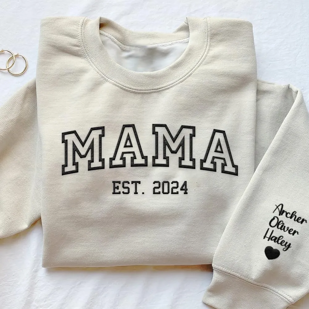 LASFOUR Personalized Mama Embroidered Sweatshirts for Women, Custom Mama Est 2024 Sweatshirt with Kids Names on Sleeve