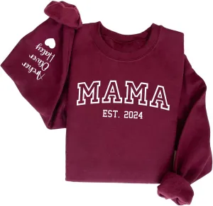LASFOUR Personalized Mama Embroidered Sweatshirts for Women, Custom Mama Est 2024 Sweatshirt with Kids Names on Sleeve