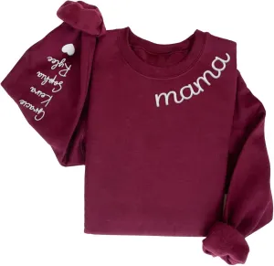LASFOUR Personalized Mama Embroidered Sweatshirts for Women, Custom Mama Est 2024 Sweatshirt with Kids Names on Sleeve