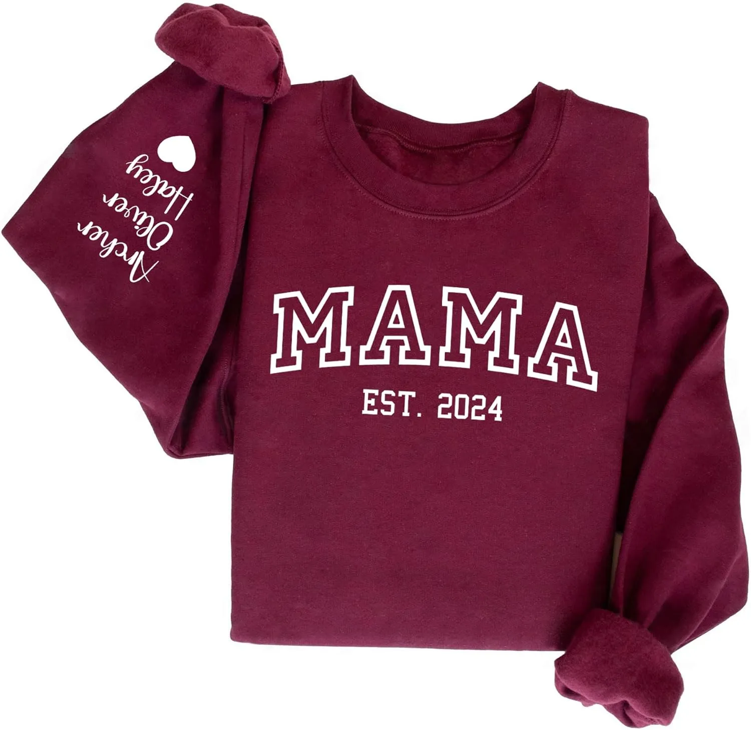 LASFOUR Personalized Mama Embroidered Sweatshirts for Women, Custom Mama Est 2024 Sweatshirt with Kids Names on Sleeve