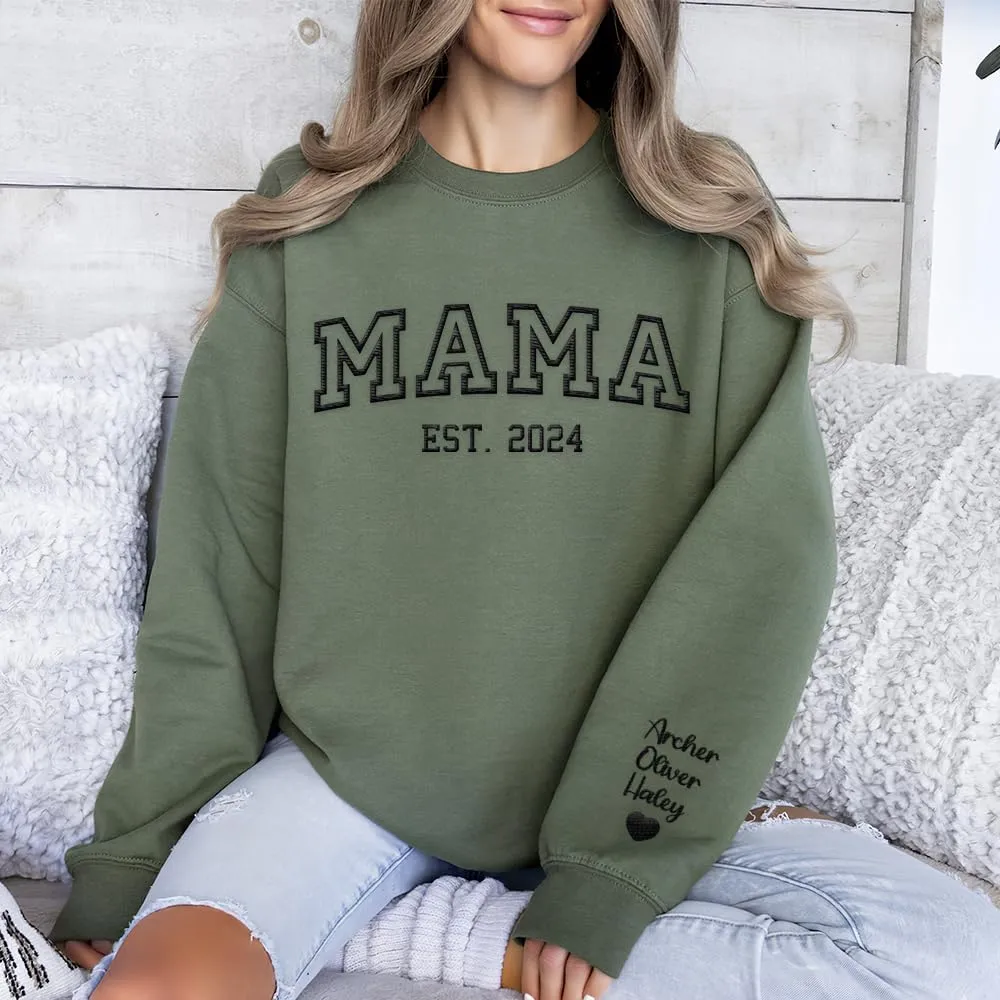 LASFOUR Personalized Mama Embroidered Sweatshirts for Women, Custom Mama Est 2024 Sweatshirt with Kids Names on Sleeve