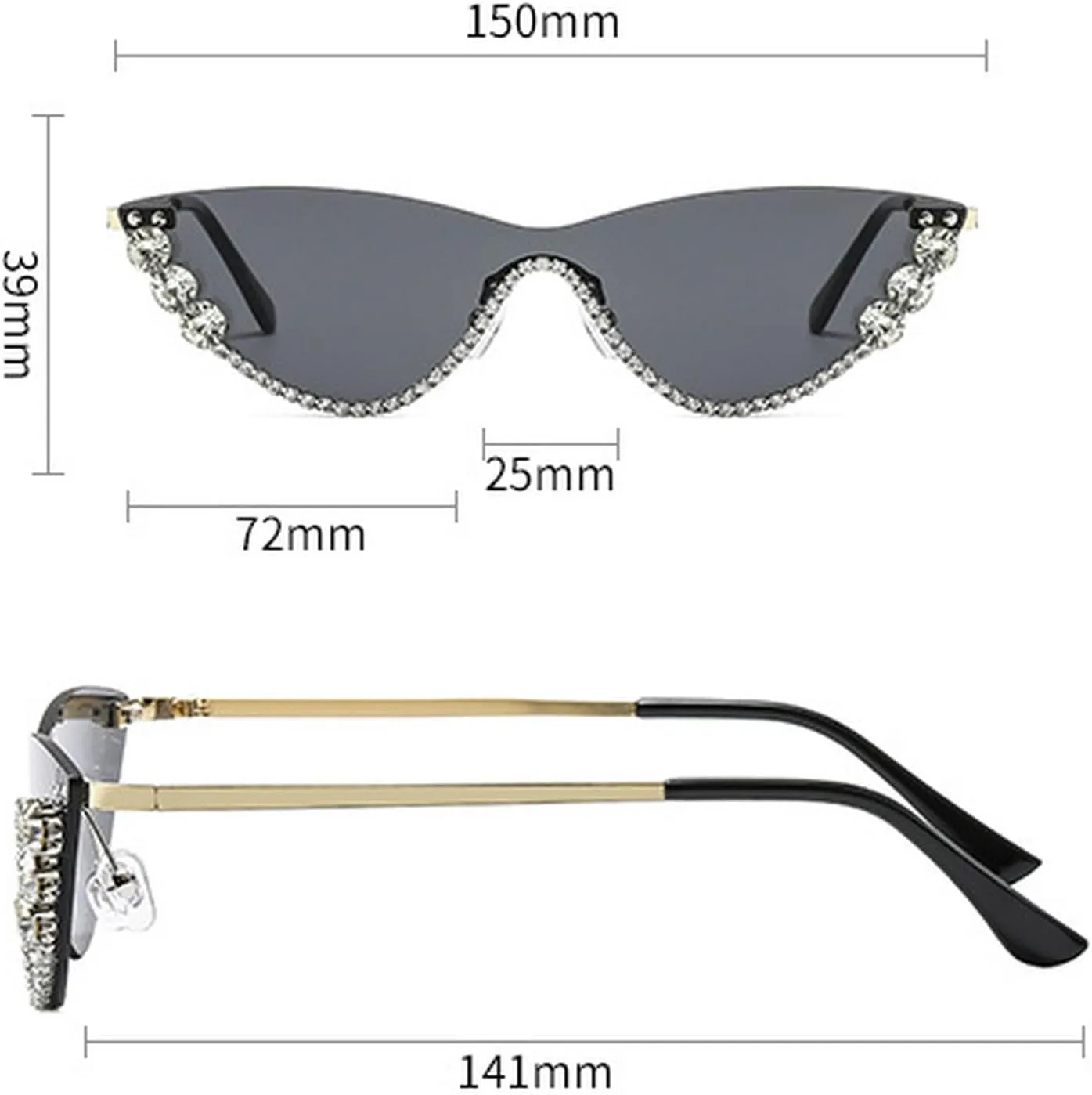 laureles Rhinestone Bling Diamond Fashion Cat Eye Sunglasse Women Vintage Rimless Sun Glasses Gradation Shades