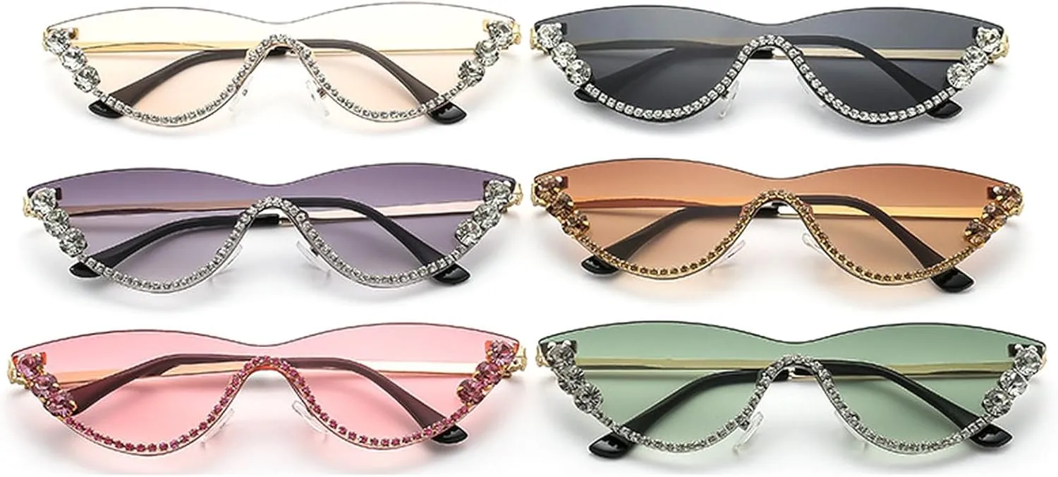 laureles Rhinestone Bling Diamond Fashion Cat Eye Sunglasse Women Vintage Rimless Sun Glasses Gradation Shades