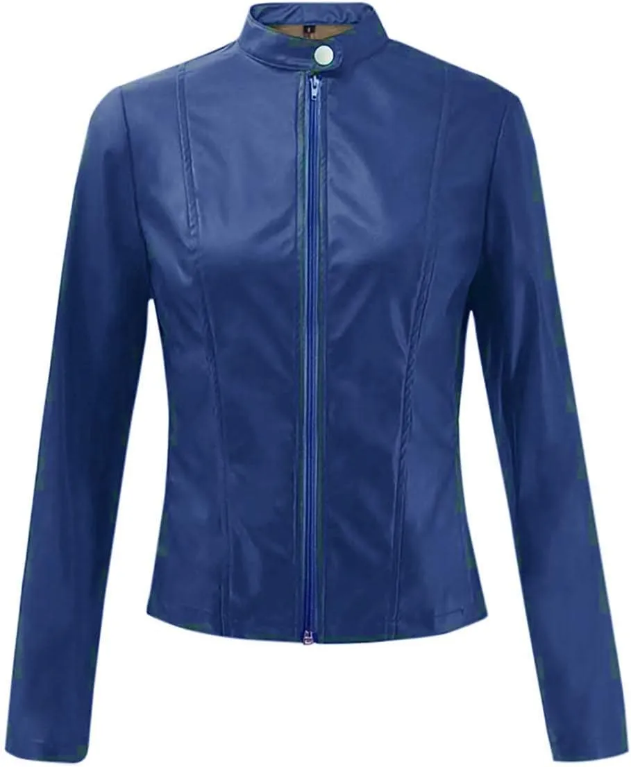 LCMTWX Womens Faux Leather Long Sleeve Jackets Collar Long Sleeve Outwear Cool Slim Jacket Coat for Plus Size Moto Biker