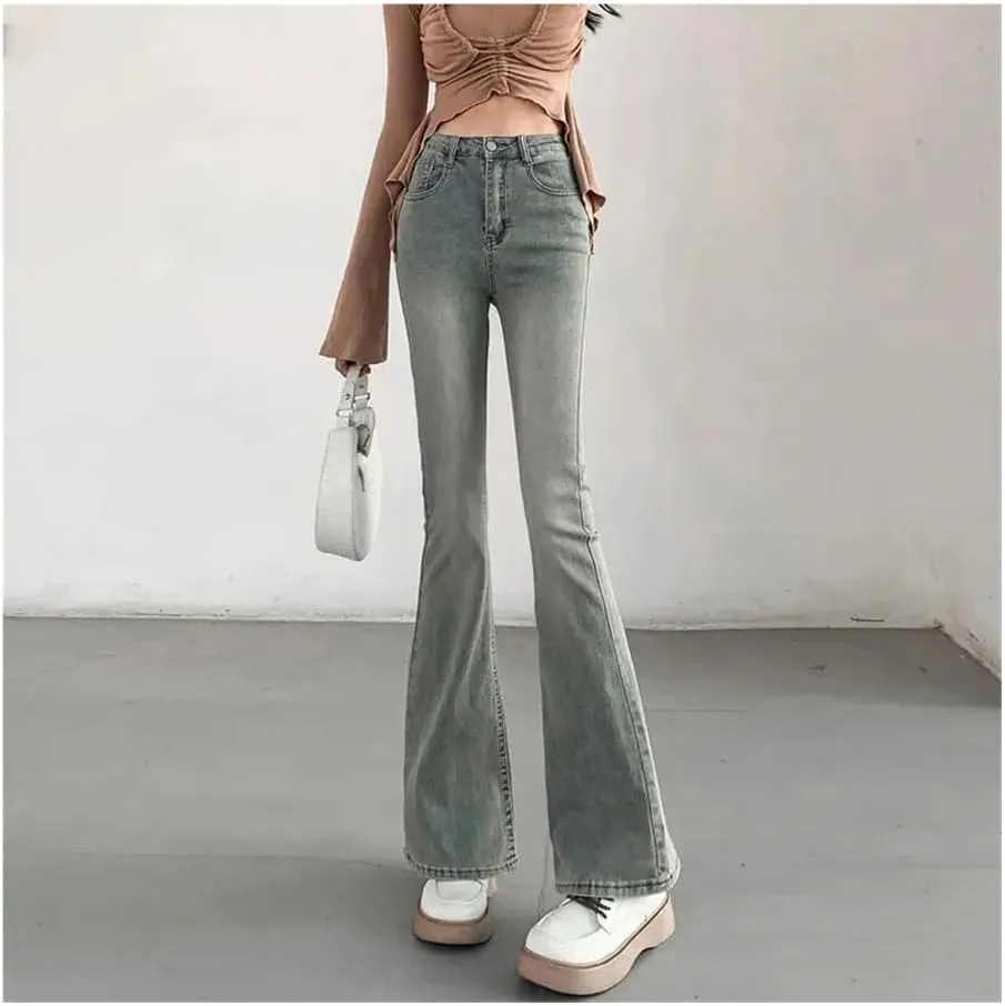 Light Color Slightly Flared Jeans Women's Nostalgic American high-Waisted Slim Straight Stretch