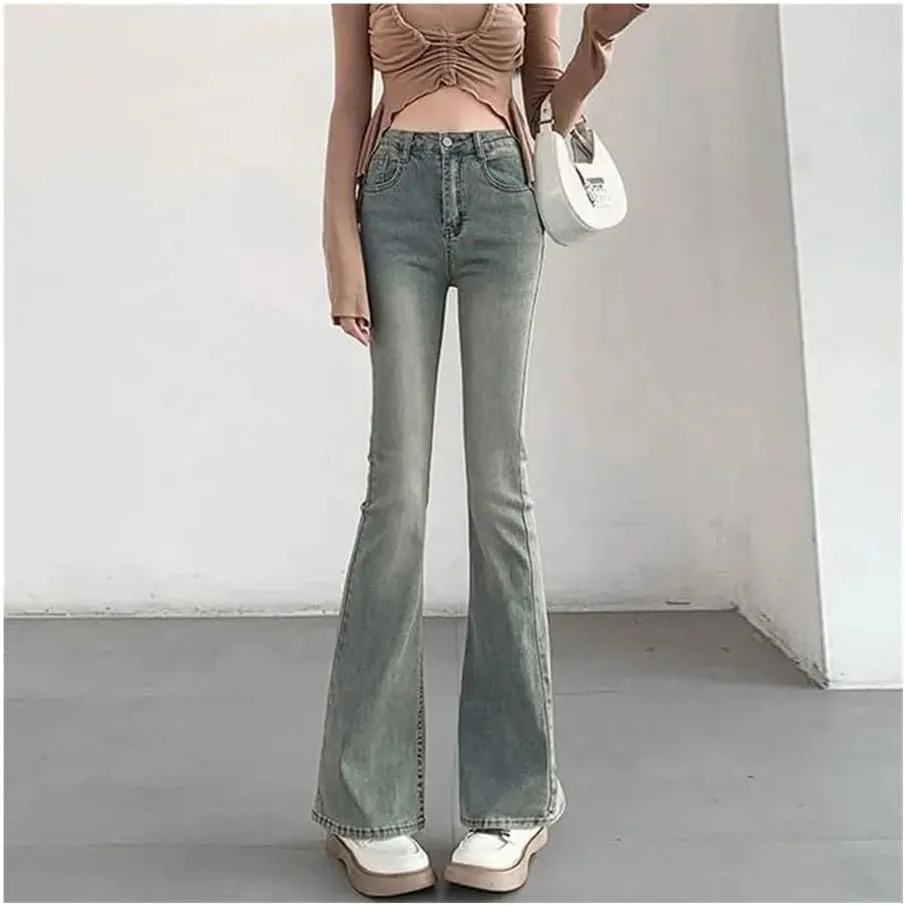 Light Color Slightly Flared Jeans Women's Nostalgic American high-Waisted Slim Straight Stretch
