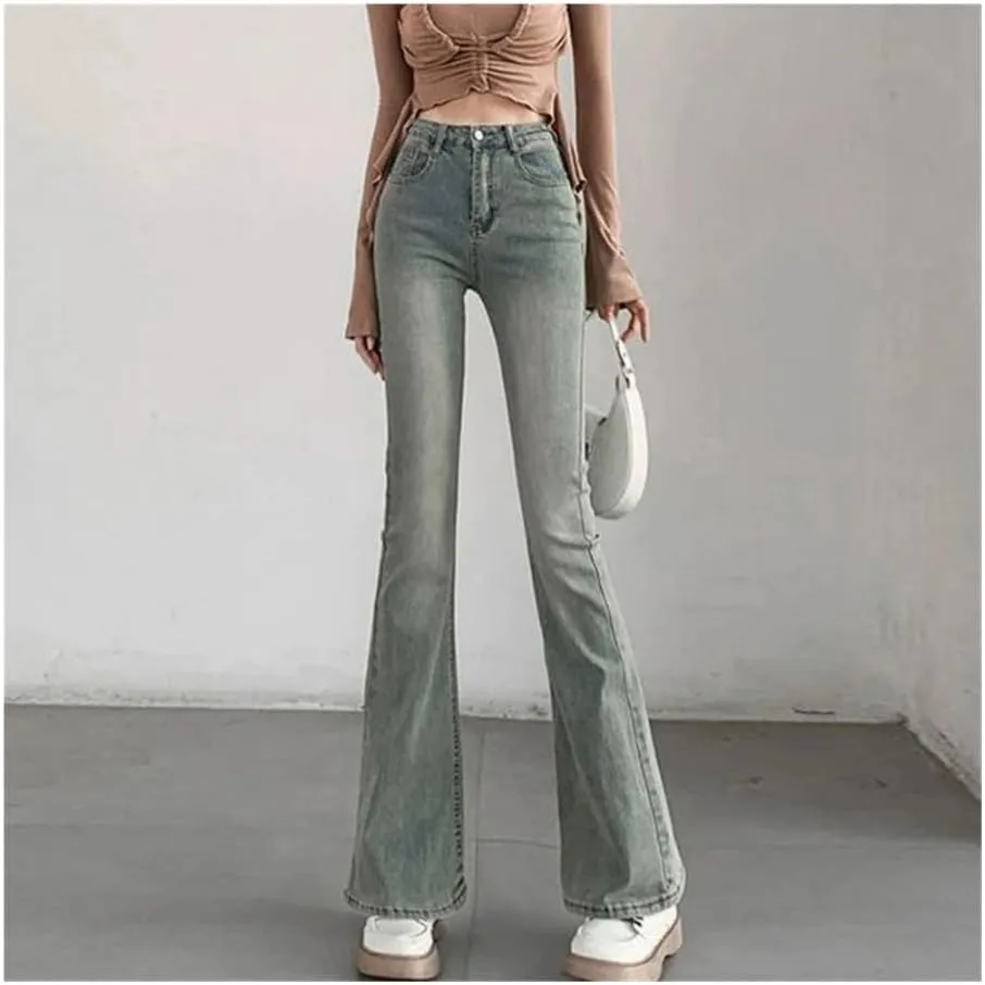 Light Color Slightly Flared Jeans Women's Nostalgic American high-Waisted Slim Straight Stretch