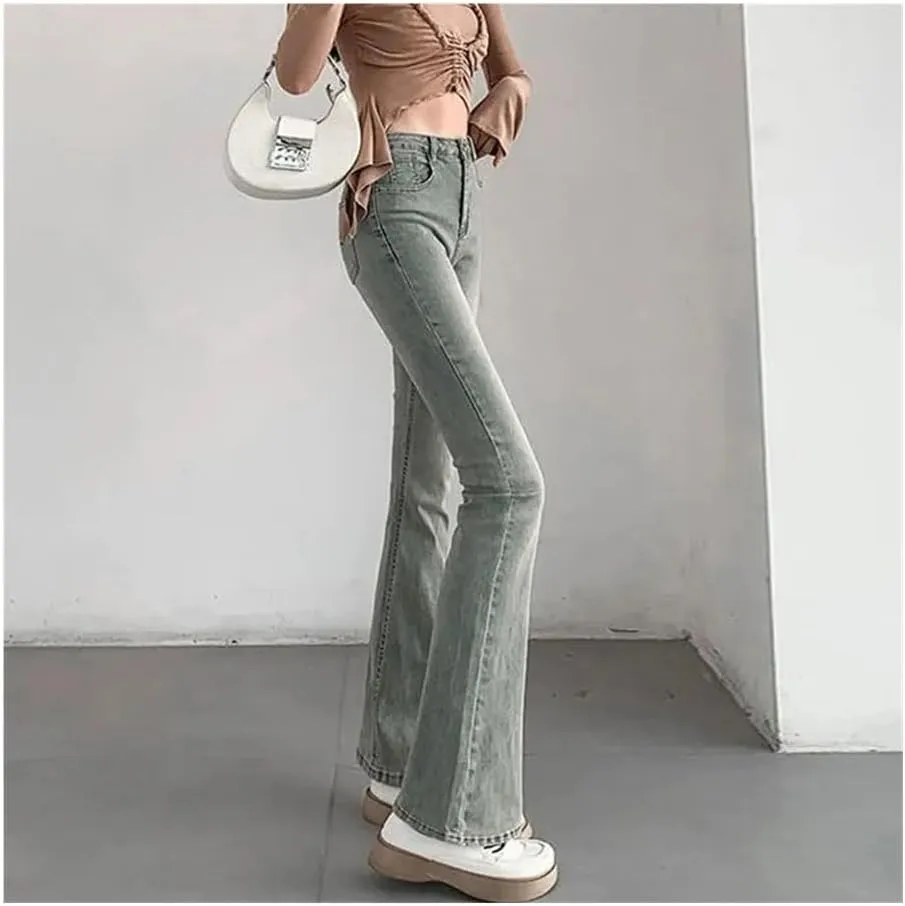 Light Color Slightly Flared Jeans Women's Nostalgic American high-Waisted Slim Straight Stretch
