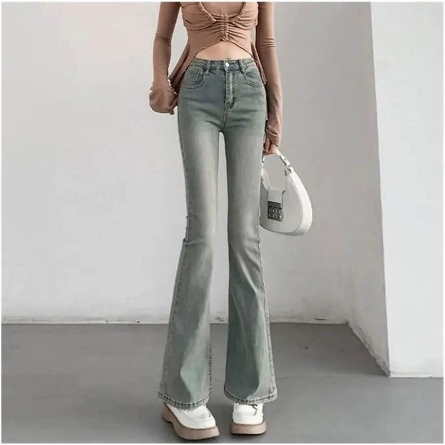 Light Color Slightly Flared Jeans Women's Nostalgic American high-Waisted Slim Straight Stretch