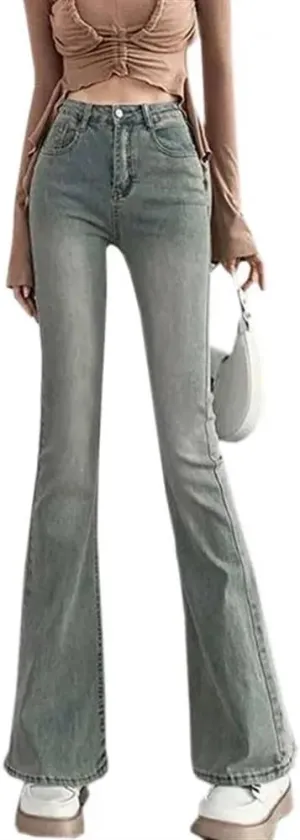 Light Color Slightly Flared Jeans Women's Nostalgic American high-Waisted Slim Straight Stretch