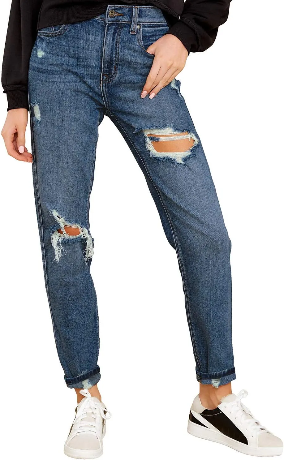 luvamia Boyfriend Jeans for Women Stretch High Waisted Ripped Distressed Mom Jeans Slim Denim Pants