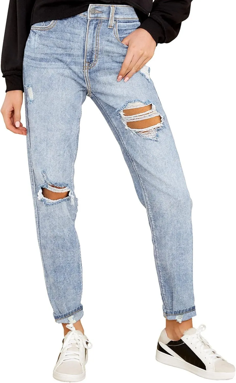 luvamia Boyfriend Jeans for Women Stretch High Waisted Ripped Distressed Mom Jeans Slim Denim Pants