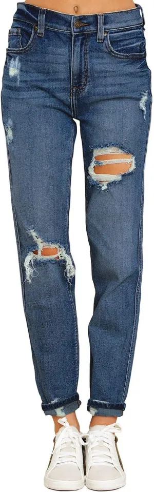 luvamia Boyfriend Jeans for Women Stretch High Waisted Ripped Distressed Mom Jeans Slim Denim Pants
