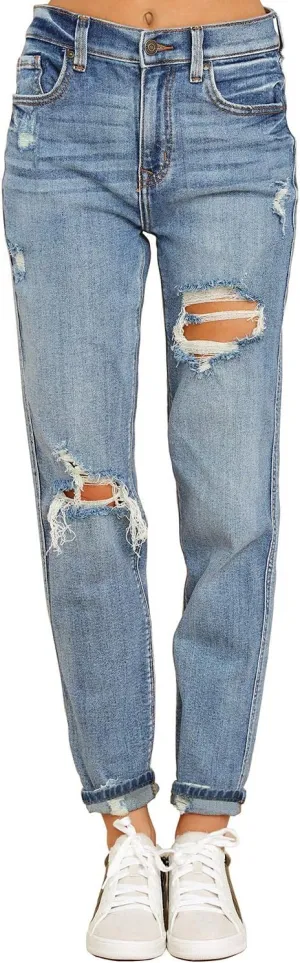luvamia Boyfriend Jeans for Women Stretch High Waisted Ripped Distressed Mom Jeans Slim Denim Pants