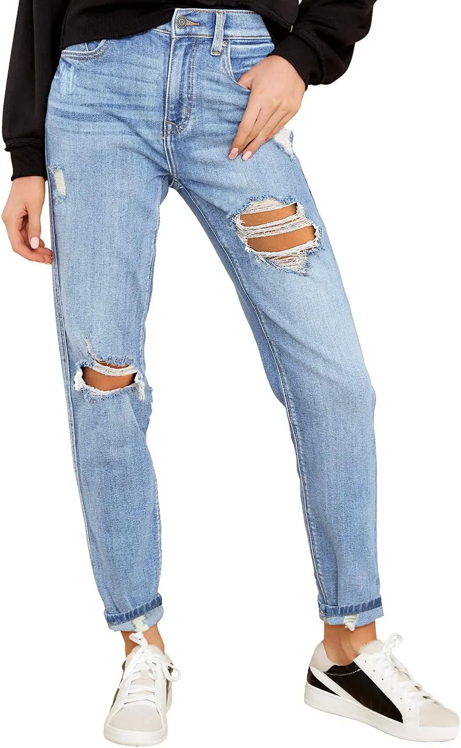 luvamia Boyfriend Jeans for Women Stretch High Waisted Ripped Distressed Mom Jeans Slim Denim Pants