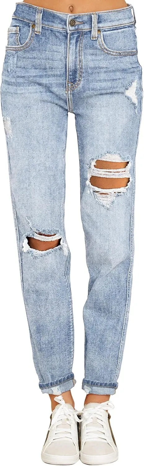 luvamia Boyfriend Jeans for Women Stretch High Waisted Ripped Distressed Mom Jeans Slim Denim Pants