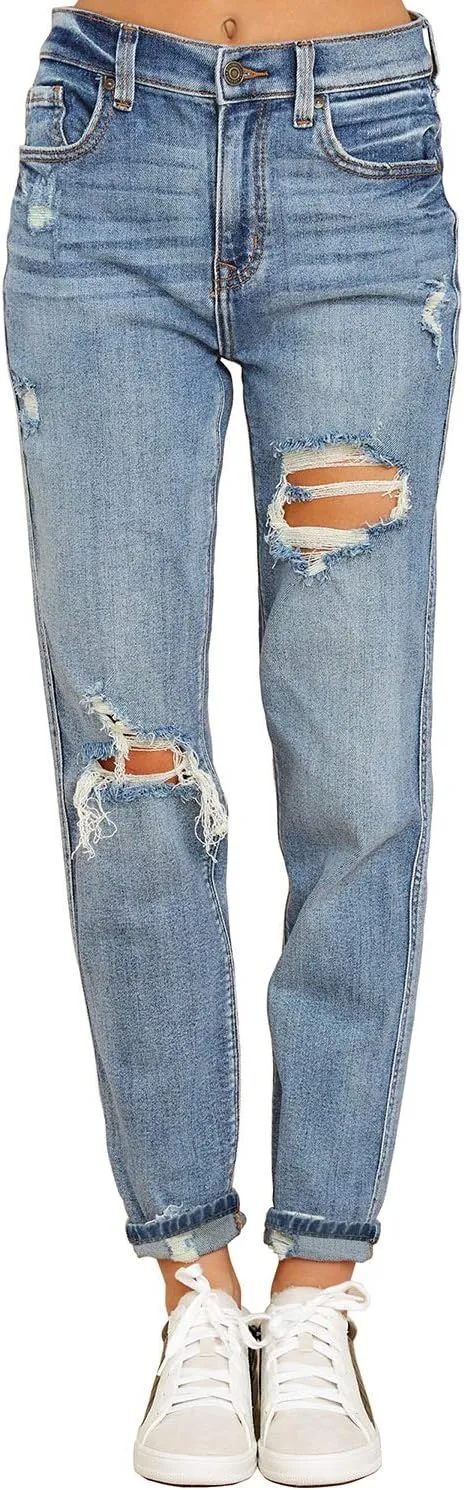 luvamia Boyfriend Jeans for Women Stretch High Waisted Ripped Distressed Mom Jeans Slim Denim Pants