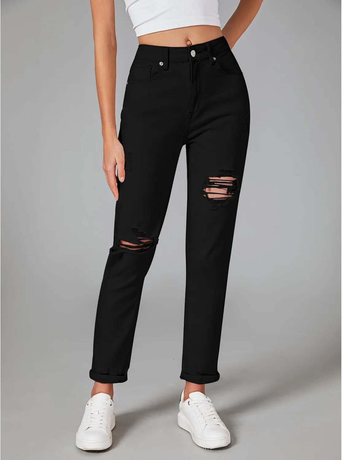luvamia Boyfriend Jeans for Women Stretch High Waisted Ripped Distressed Mom Jeans Slim Denim Pants