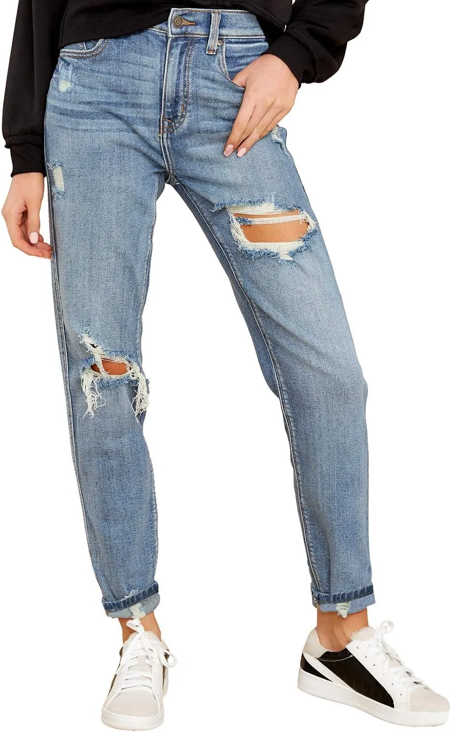 luvamia Boyfriend Jeans for Women Stretch High Waisted Ripped Distressed Mom Jeans Slim Denim Pants