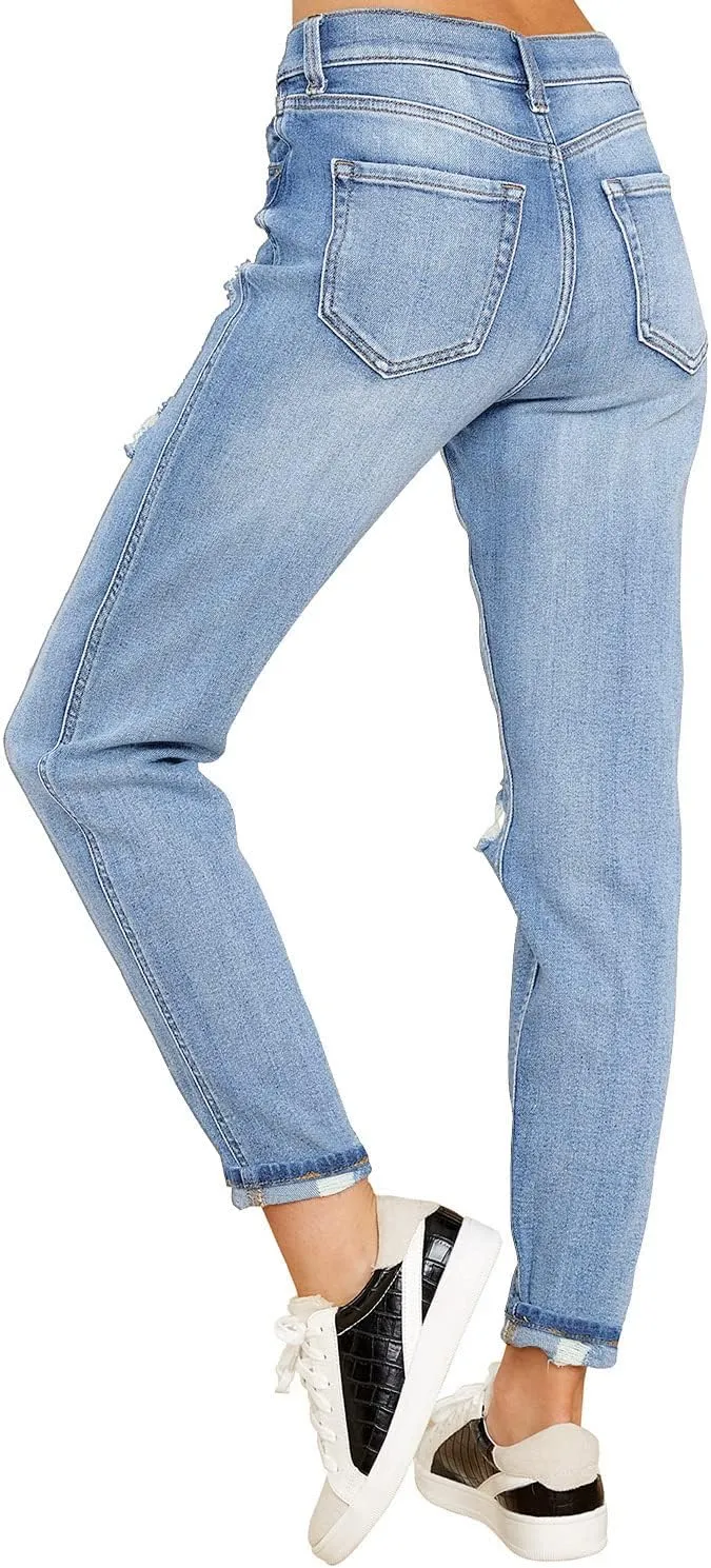 luvamia Boyfriend Jeans for Women Stretch High Waisted Ripped Distressed Mom Jeans Slim Denim Pants