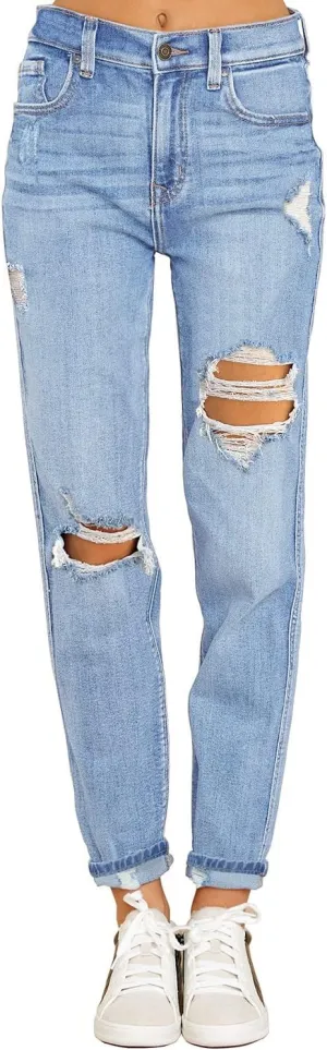 luvamia Boyfriend Jeans for Women Stretch High Waisted Ripped Distressed Mom Jeans Slim Denim Pants