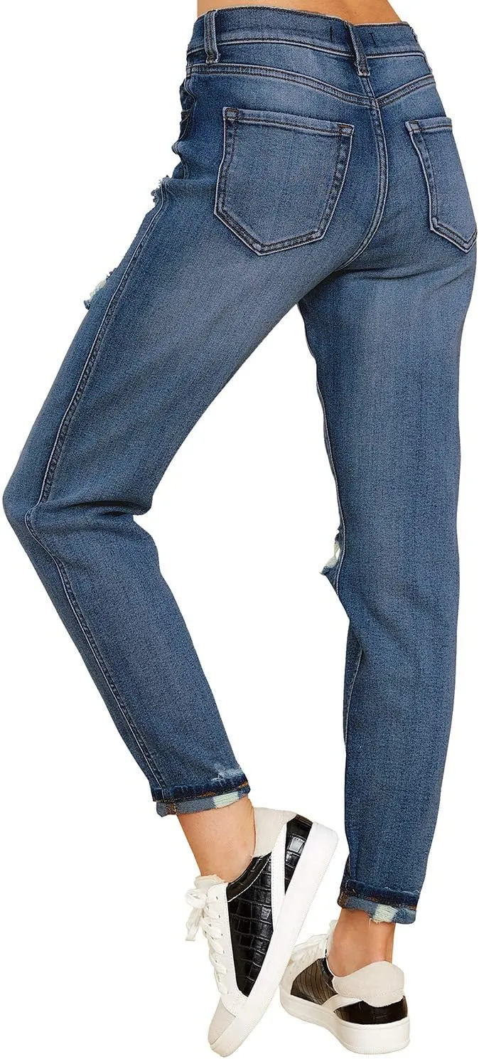 luvamia Boyfriend Jeans for Women Stretch High Waisted Ripped Distressed Mom Jeans Slim Denim Pants