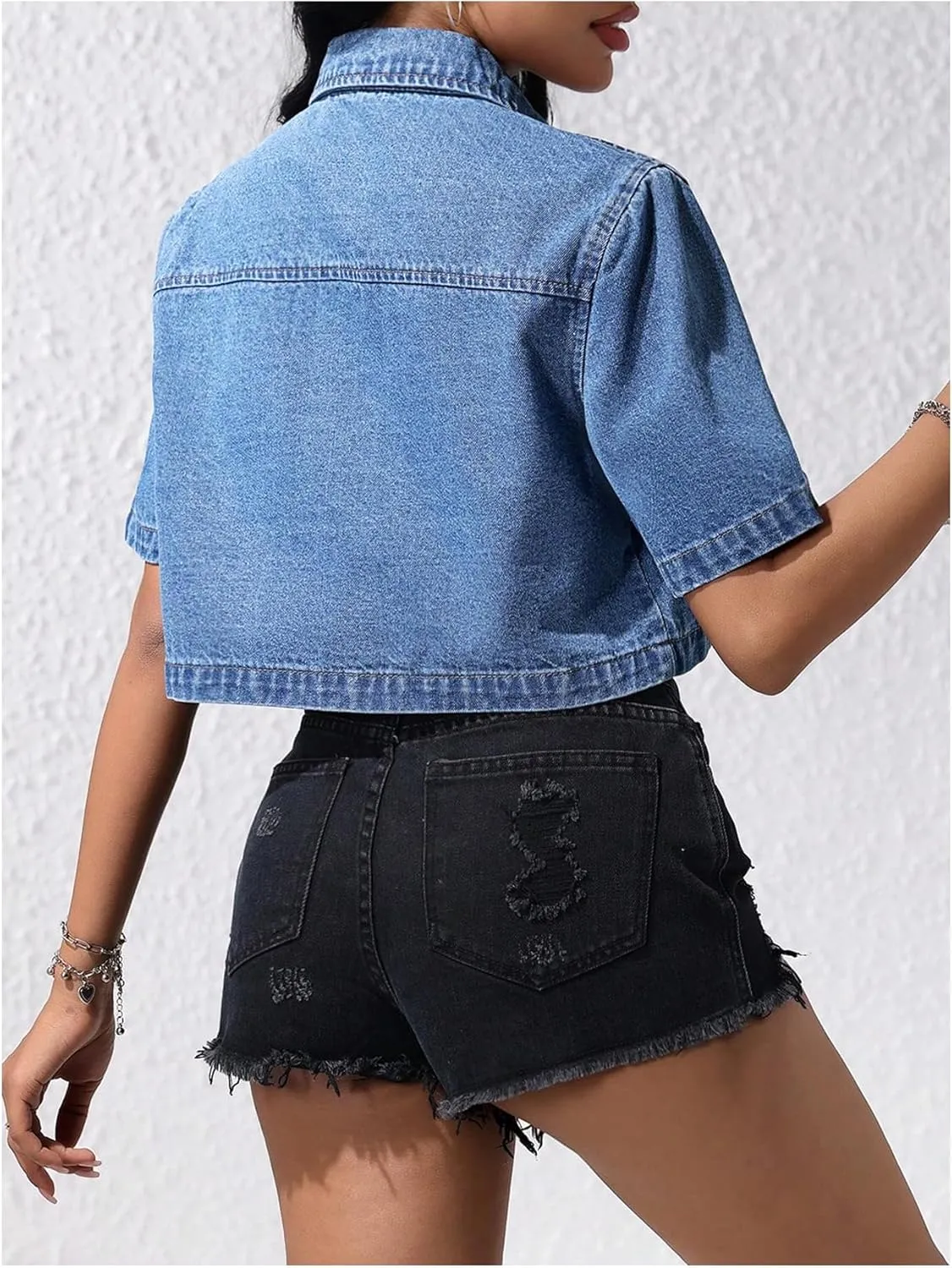 MakeMeChic Women's Short Sleeve Collar Neck Denim Jackets Button Front Cropped Outwear