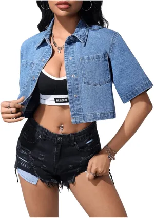 MakeMeChic Women's Short Sleeve Collar Neck Denim Jackets Button Front Cropped Outwear