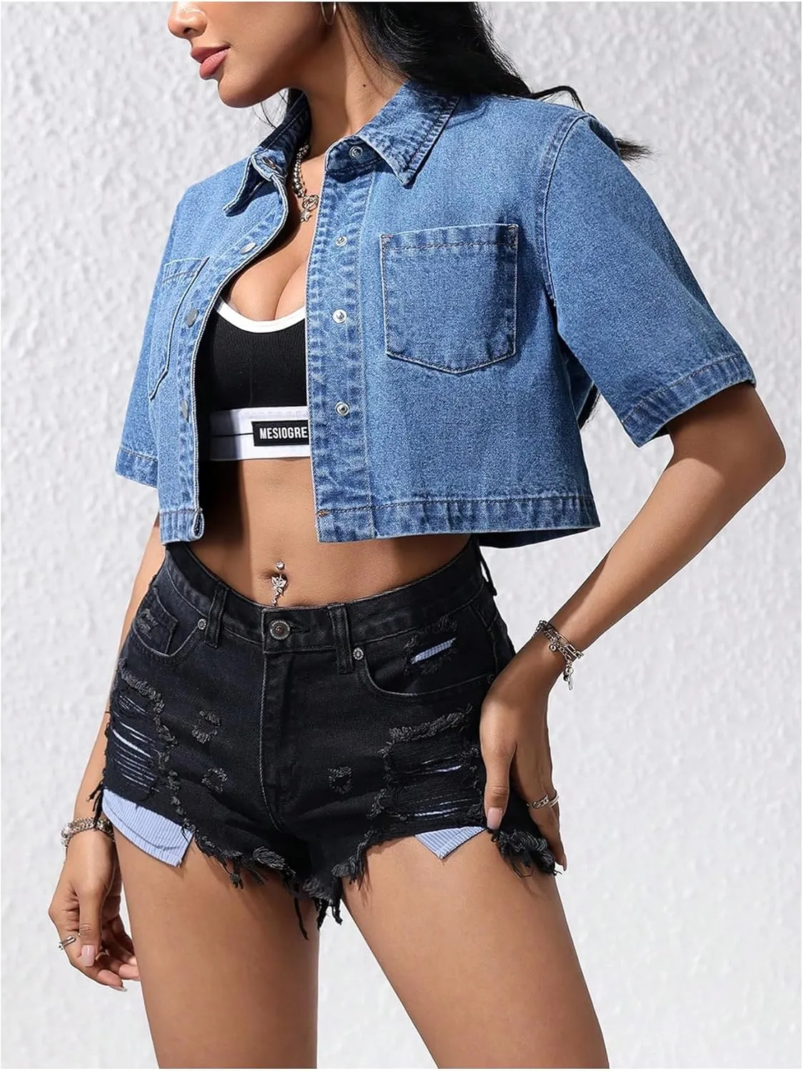 MakeMeChic Women's Short Sleeve Collar Neck Denim Jackets Button Front Cropped Outwear