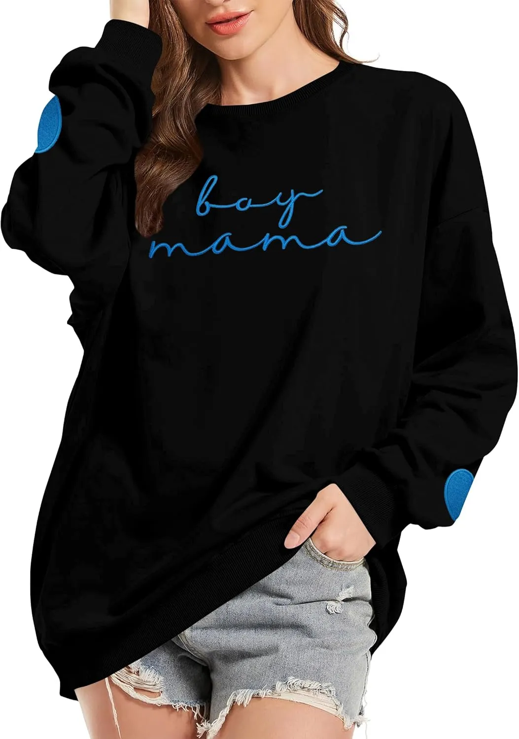 Mama Sweatshirt for Women Boy Mama Embroidered Crewneck Long Sleeve Funny Momma Letter Print Pullover Tops