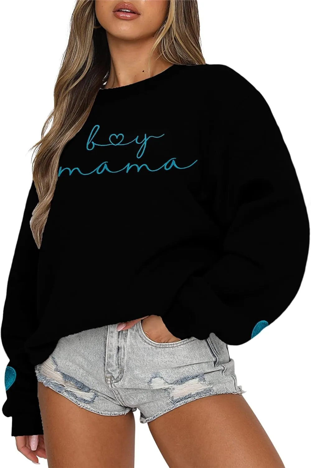 Mama Sweatshirt for Women Boy Mama Embroidered Crewneck Long Sleeve Funny Momma Letter Print Pullover Tops