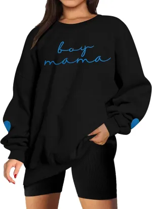 Mama Sweatshirt for Women Boy Mama Embroidered Crewneck Long Sleeve Funny Momma Letter Print Pullover Tops