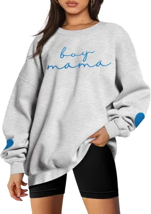 Mama Sweatshirt for Women Boy Mama Embroidered Crewneck Long Sleeve Funny Momma Letter Print Pullover Tops